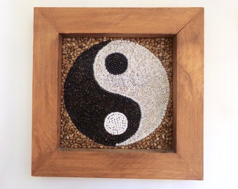 Framed Mosaic Wall Art - Yin Yang - Bead Mosaic - Handmade Wall Hanging - Repurposed