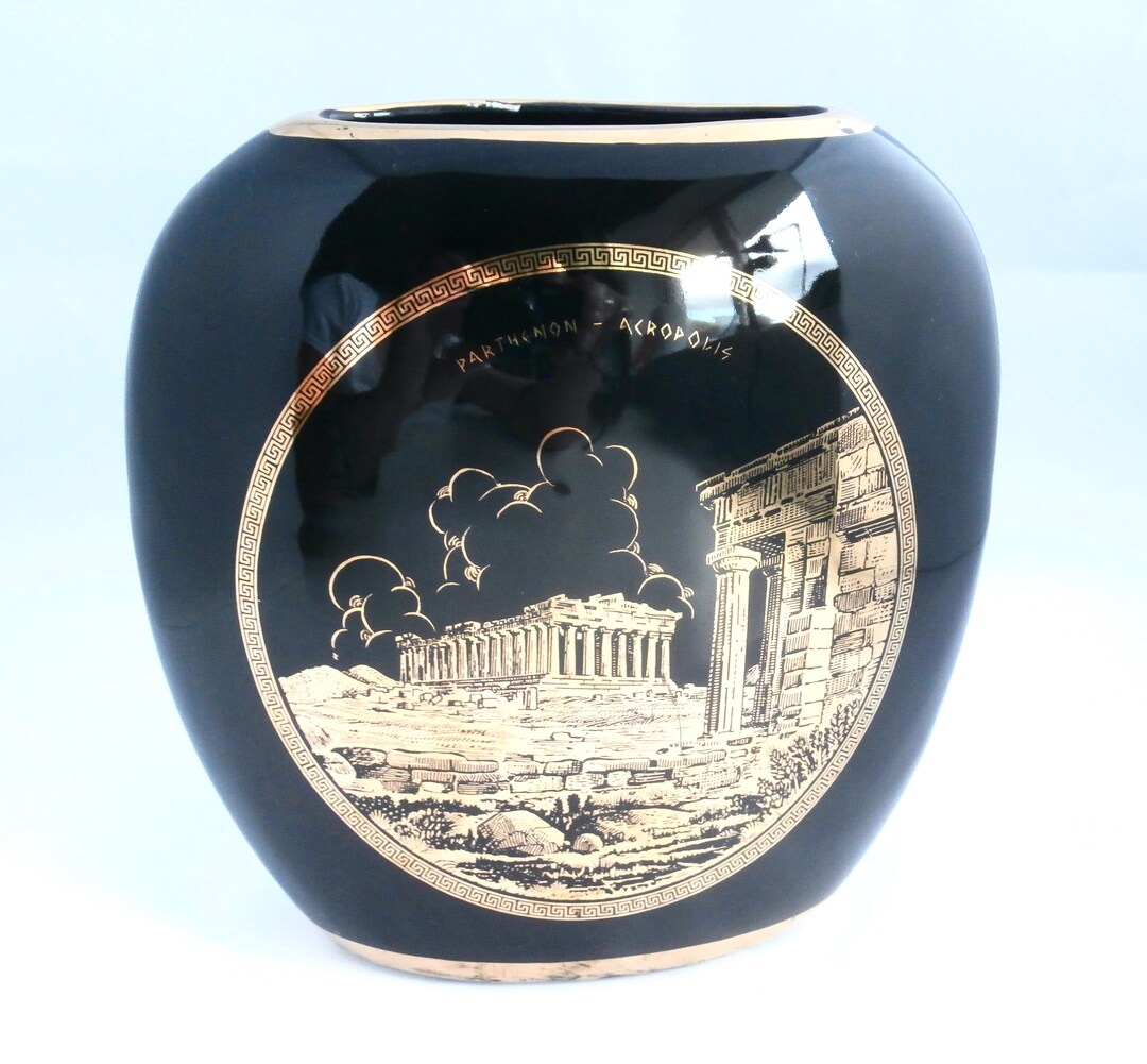 Black and Gold Greek Vase of Parthenon, Finished in 24k Gold Vintage, Hand Made Decor Etsy
