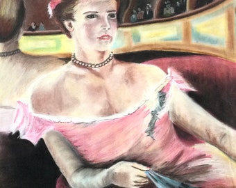 After Mary Cassatt (Woman with a Pearl Necklace in a Loge) - Original Pastel Drawing Artwork