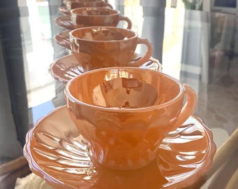 Anchor Hocking Fire-king Peach Lustre Swirl Tea Cup & Saucer Set