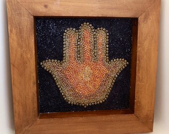 Framed Bead Mosaic Wall Art - Hamsa Hand Wall Hanging - Repurposed