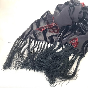 Bufanda vintage transparente negra y roja - Bufanda larga con borlas para mujer