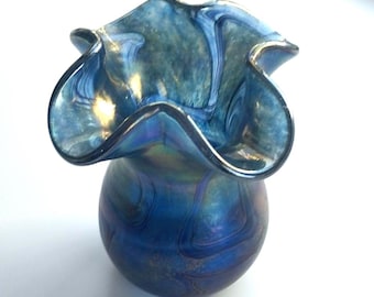 Vintage Blue Iridescent Glass Vase - Unique collectible