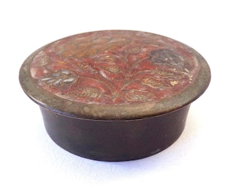 Miniature Round Brass Box with Lid - Vintage Rose Design Trinket Box