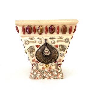Upcycled Embellished Plant Pot Holder with Mosaic Jewellery Decoration - Unique & Handmade