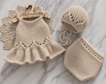 11 colors Hand Knitted Newborn Romper Bonnet Bloomers Set, Mohair Baby Photo Prop Newborn dress set Newborn photograpy RTS