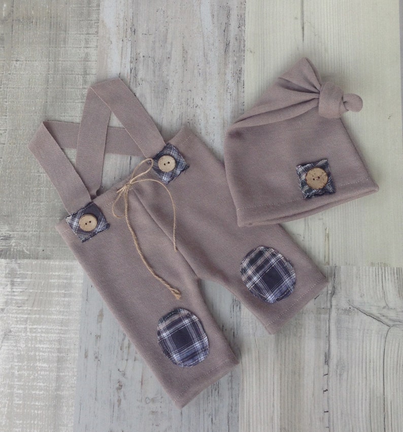 Newborn prop set Photo prop RTS Boy set Patches Baby set Button Elf hat Pants Photography baby set Overall and Sleepy hat Brown set
