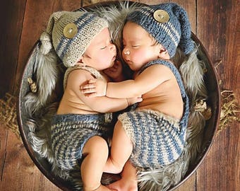 Twins set Newborn set Photo prop Knitting set Twins set Newborn photography Newborn knitting hat Newborn knitting pants Knot hats Tweens set