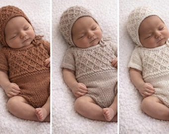 Newborn Alpaca Knit Romper & Bonnet Set: Baby Photography Prop