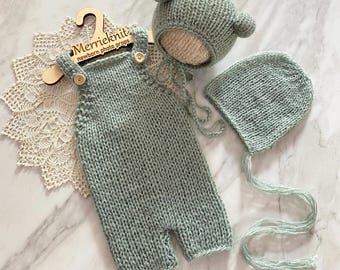 Knit Mohair Newborn Romper Set: Sage Green Bear Hat & Bonnet