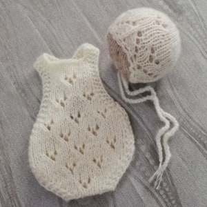 Newborn mohair prop set Knit newborn lace romper and bonnet Newborn photo prop set Milky white set Mohair lace knit baby set 4 colors RTS