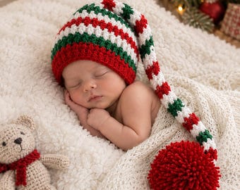 Newborn Christmas Santa Hat: Crochet Red & White Elf Sleepy Hat