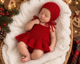 Christms Hand Knitted Mohair Newborn Photography Prop Set – Dress, Bonnet, Bloomers