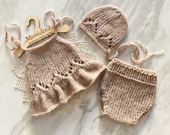 Hand Knitted Newborn Romper Bonnet Bloomers Set, Mohair Baby Photo Prop