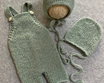 Knit mohair romper Bear hat Bonnet Newborn romper Photo prop Sage green newborn set Newborn photo prop Knit romper set Newborn photography