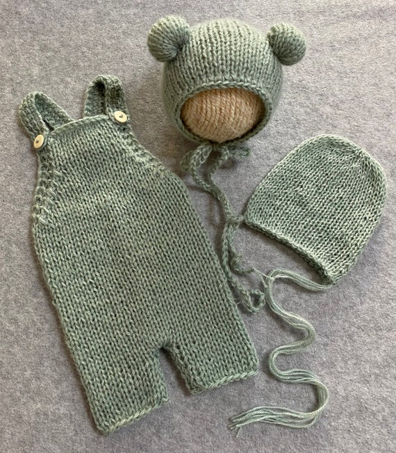 Knit Mohair Newborn Romper Set: Sage Green Bear Hat & Bonnet