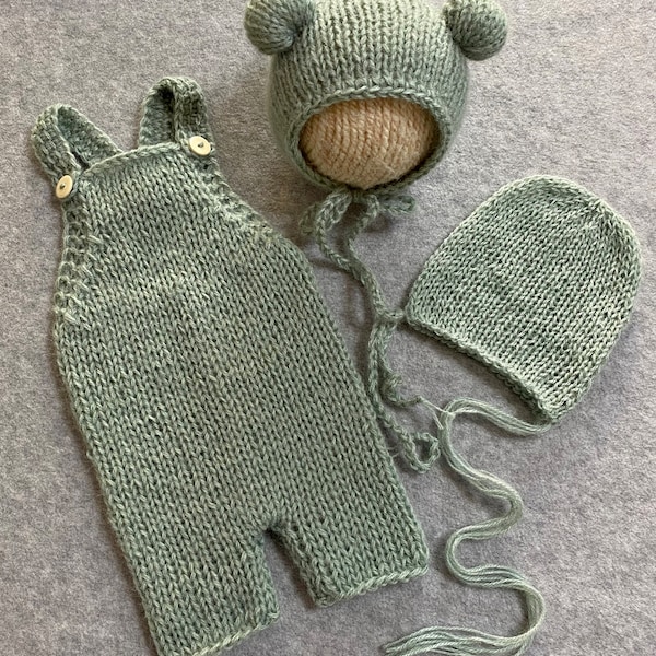 Knit mohair romper Bear hat Bonnet Newborn romper Photo prop Sage green newborn set Newborn photo prop Knit romper set Newborn photography