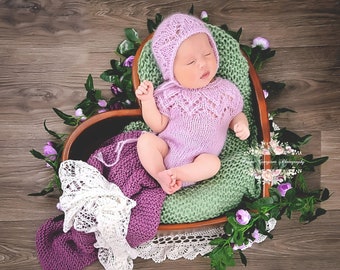 Newborn prop baby outfit Newborn onesie photo prop set Newborn Romper Bonnet Bodysuit Newborn Photography Knit Baby Lilac lace prop set RTS