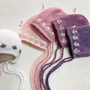 Newborn Knitted Embroidered Bonnets Newborn Bonnet Baby knitted flower Bonnet Embroidery flower bonnet Newborn photography props RTS