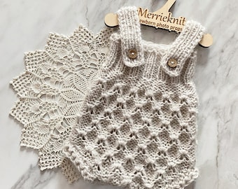 Knit Newborn Romper: Unisex Cable Knit Dungarees, Photo Prop (RTS)