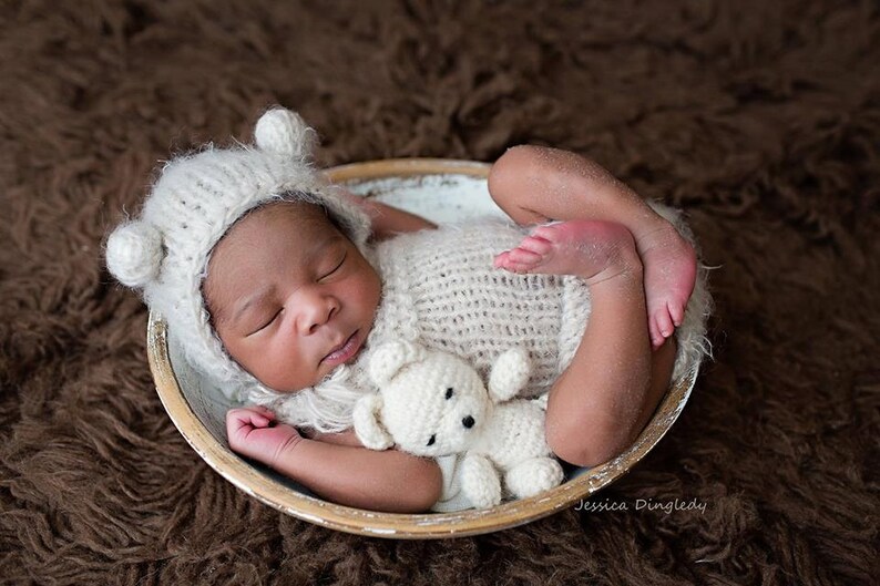 Newborn soft knit set Newborn bear set Photo prop Dungarees Bear hat Ready to ship Romper Overall set