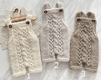 Knit Newborn Romper: Unisex Cable Knit Dungarees, Photo Prop (RTS)