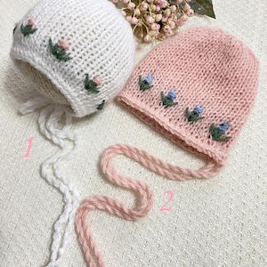 Newborn Knitted Embroidered Bonnets Newborn Bonnet Baby knitted flower Bonnet Embroidery flower bonnet Newborn photography props 2 color RTS