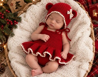 Christmas Newborn Knitted Ballerina Bodysuit & Bear Bonnet Christmas Photo Prop Set