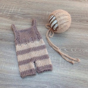 Newborn knit set,Knit hat, Striped dungarees, Photography prop, RTS