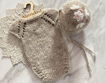 Alpaca Knit Newborn Outfit Set: Baby Romper & Embroidery Bonnet - Photo Prop (RTS)