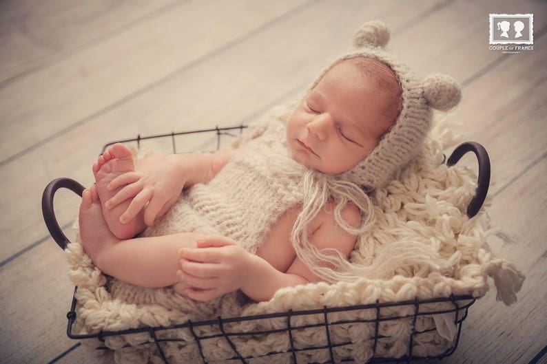 Newborn soft knit set Newborn bear set Photo prop Dungarees Bear hat Ready to ship Romper Overall set