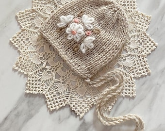 Handmade Embroidered Alpaca Knit Baby Bonnet: Newborn Photo Prop (RTS)