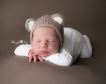 Newborn Bear hat Newborn baby knit hat Bear hat Photo prop Bear bonnet Mohair yarn Beige hat Bear knitting hat Animal BearRTS