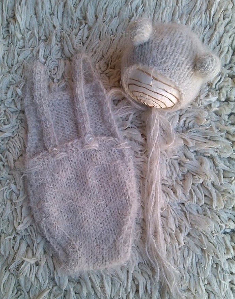 Newborn soft knit set Newborn bear set Photo prop Dungarees Bear hat Ready to ship Romper Overall set