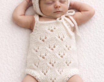 Mohair Newborn Romper and Bonnet Set: Knit Lace Photo Prop