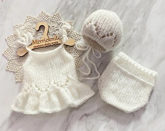 Hand Knitted Mohair Newborn Photography Prop Set – Dress, Bonnet, Bloomers