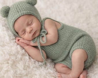 Knit Mohair Newborn Romper Set: Sage Green Bear Hat & Bonnet