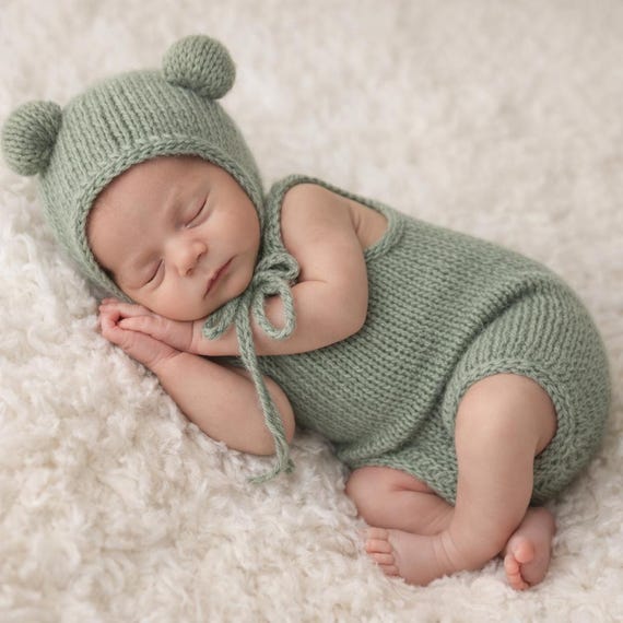 Knit Mohair Newborn Romper Set: Sage Green Bear Hat & Bonnet