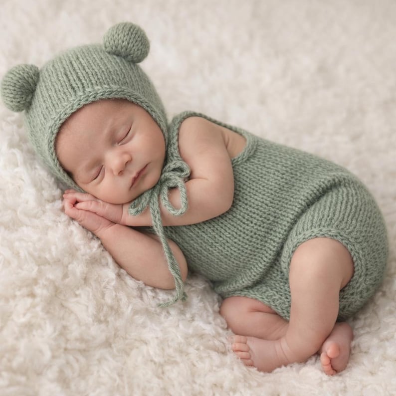 Knit Mohair Newborn Romper Set: Sage Green Bear Hat & Bonnet image 2