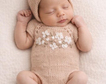 Embroidery Mohair Newborn Romper and Bonnet Set