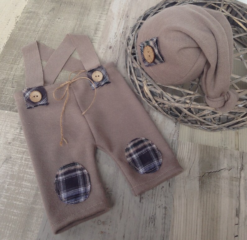Newborn prop set Photo prop RTS Boy set Patches Baby set Button Elf hat Pants Photography baby set Overall and Sleepy hat Brown set