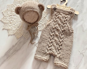 Knit Newborn Romper with Bear Hat: Baby Photo Prop Set