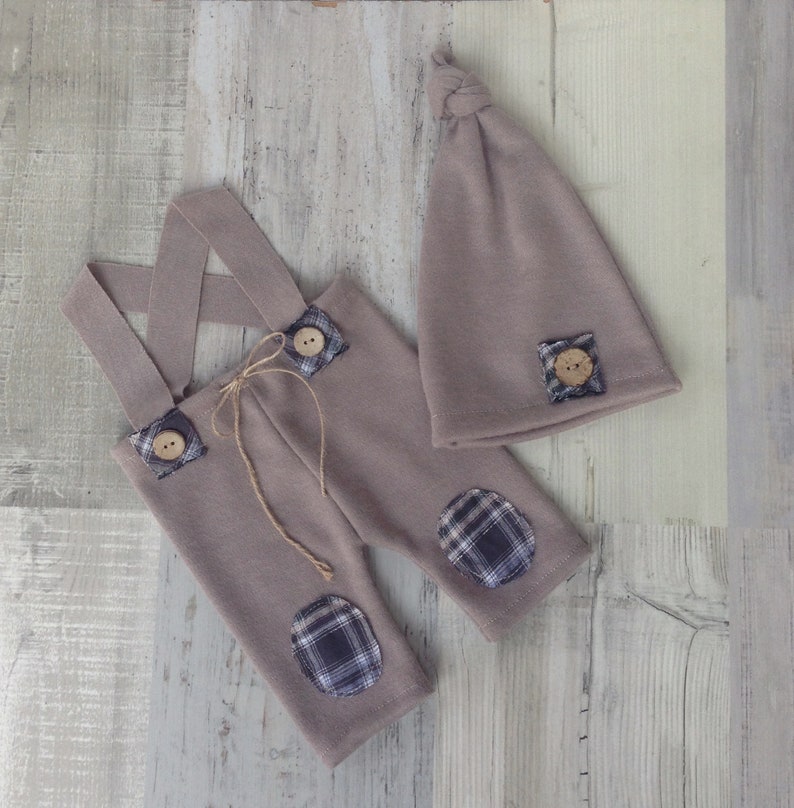 Newborn prop set Photo prop RTS Boy set Patches Baby set Button Elf hat Pants Photography baby set Overall and Sleepy hat Brown set