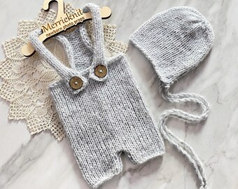 Mohair Newborn Romper Bonnet Set: Baby Photo Prop, Light Grey Blue