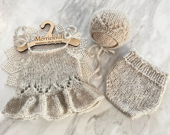 Hand Knitted Newborn Romper Bonnet Bloomers Set, Mohair Baby Photo Prop