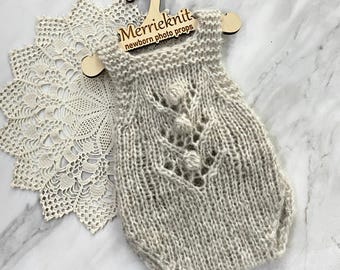 Handknit Newborn Beige Lacy Romper – Photography Prop Outfit