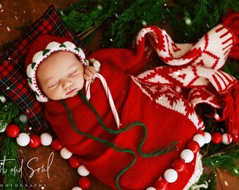 Mohair Christmas Knit Baby Bonnet, Newborn Photo Prop