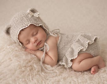 Newborn Knitted Ballerina Bodysuit & Bear Bonnet Photo Prop Set