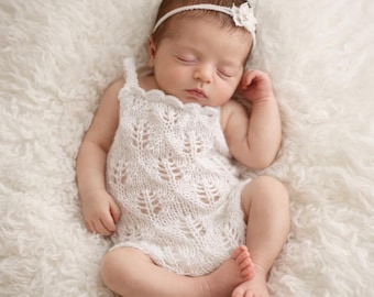 Mohair Knit Newborn Romper and Bonnet Set: Lace Baby Photo Prop