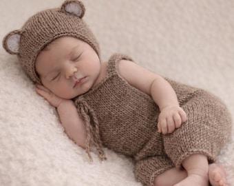 Knit Newborn Romper with Bear Hat: Baby Photo Prop Set